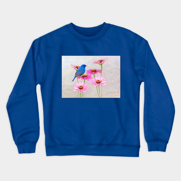 Indigo Bunting and Pink Zinnia Crewneck Sweatshirt by lauradyoung